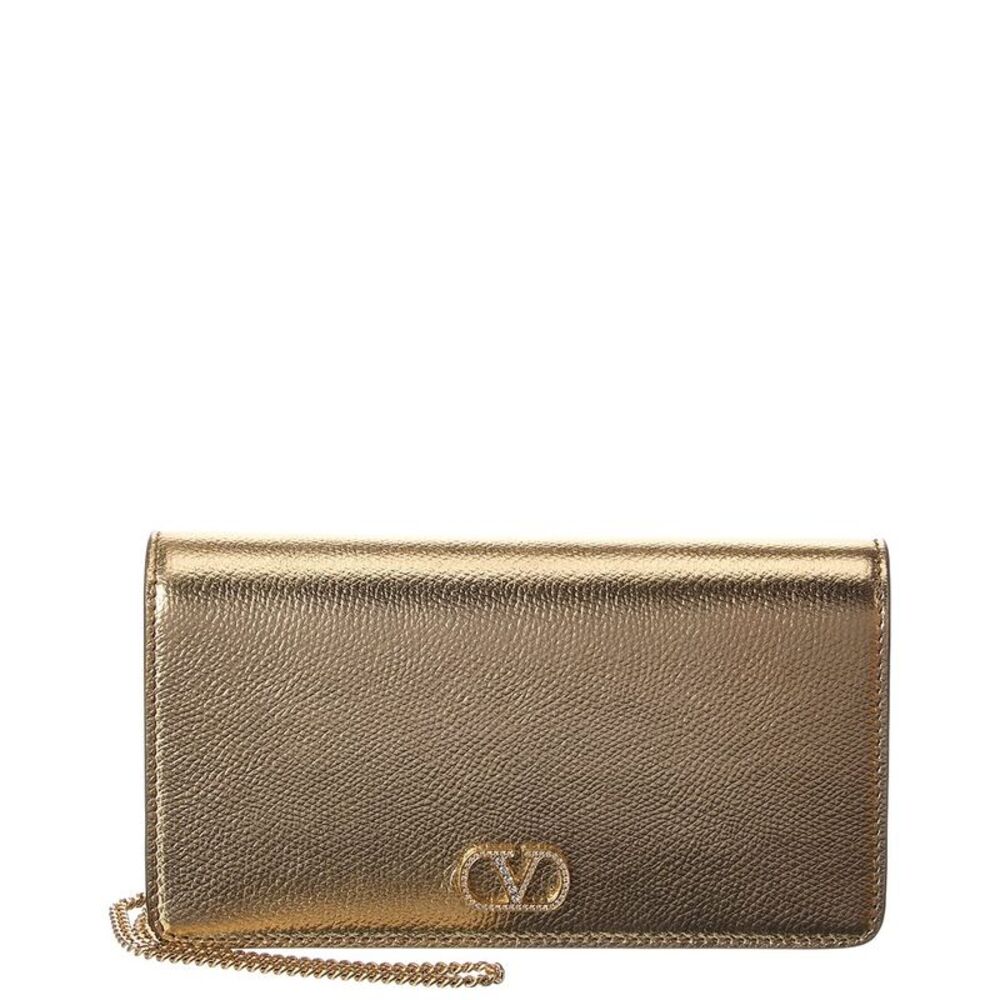 Valentino Vlogo Signature Mini Leather Wallet On Chain, Gold